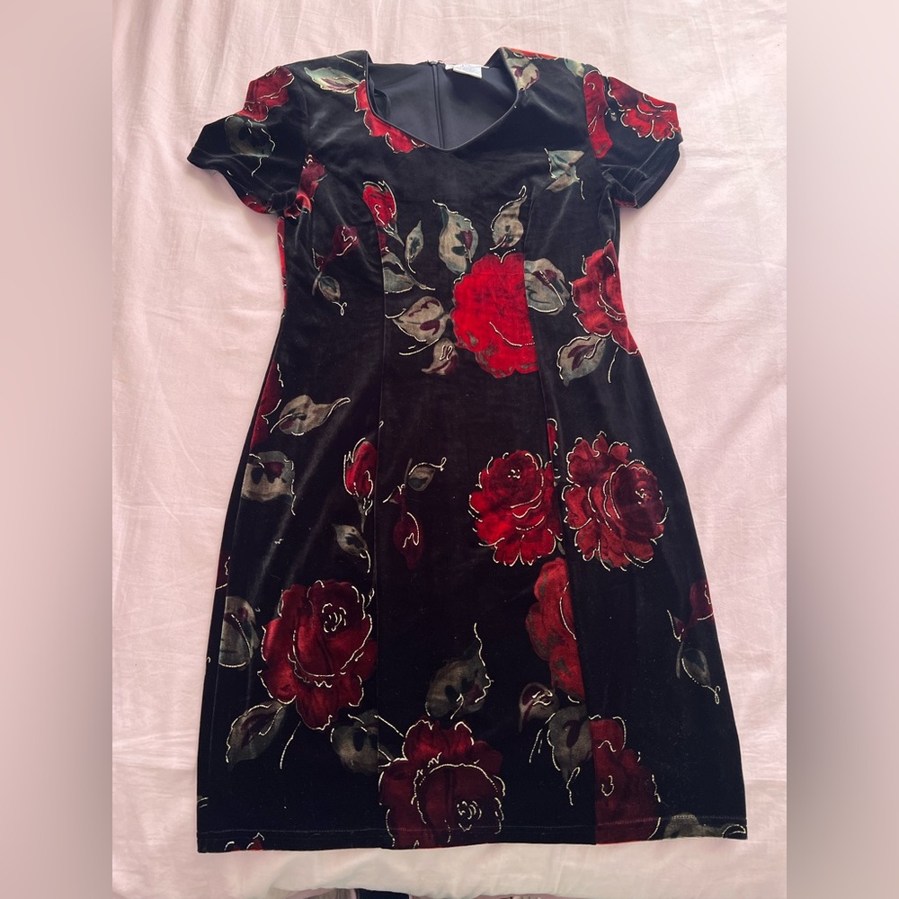 Worthington Velvet Dress with Red Floral Pattern